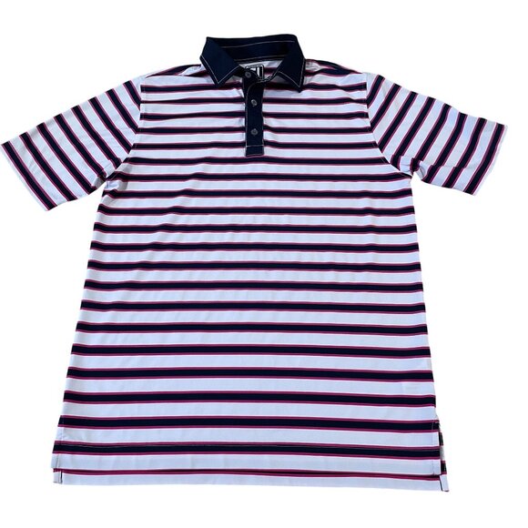 FootJoy Polo Golf Shirt Men's Size Medium Athletic Fit White Pink Black Stripes - Picture 1 of 5